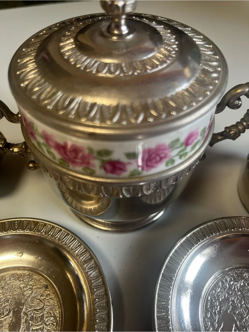 Vintage Zajecar Italy EP Zinc Art Style Porcelain & Pewter Espresso Cups Sugar - Picture 8 of 10